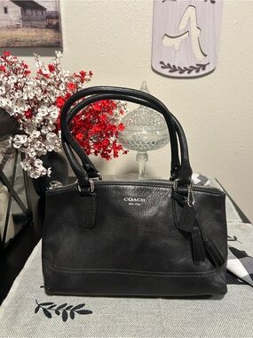 Coach❤️Mini Black Leather Double-Handle Satchel with Tassel